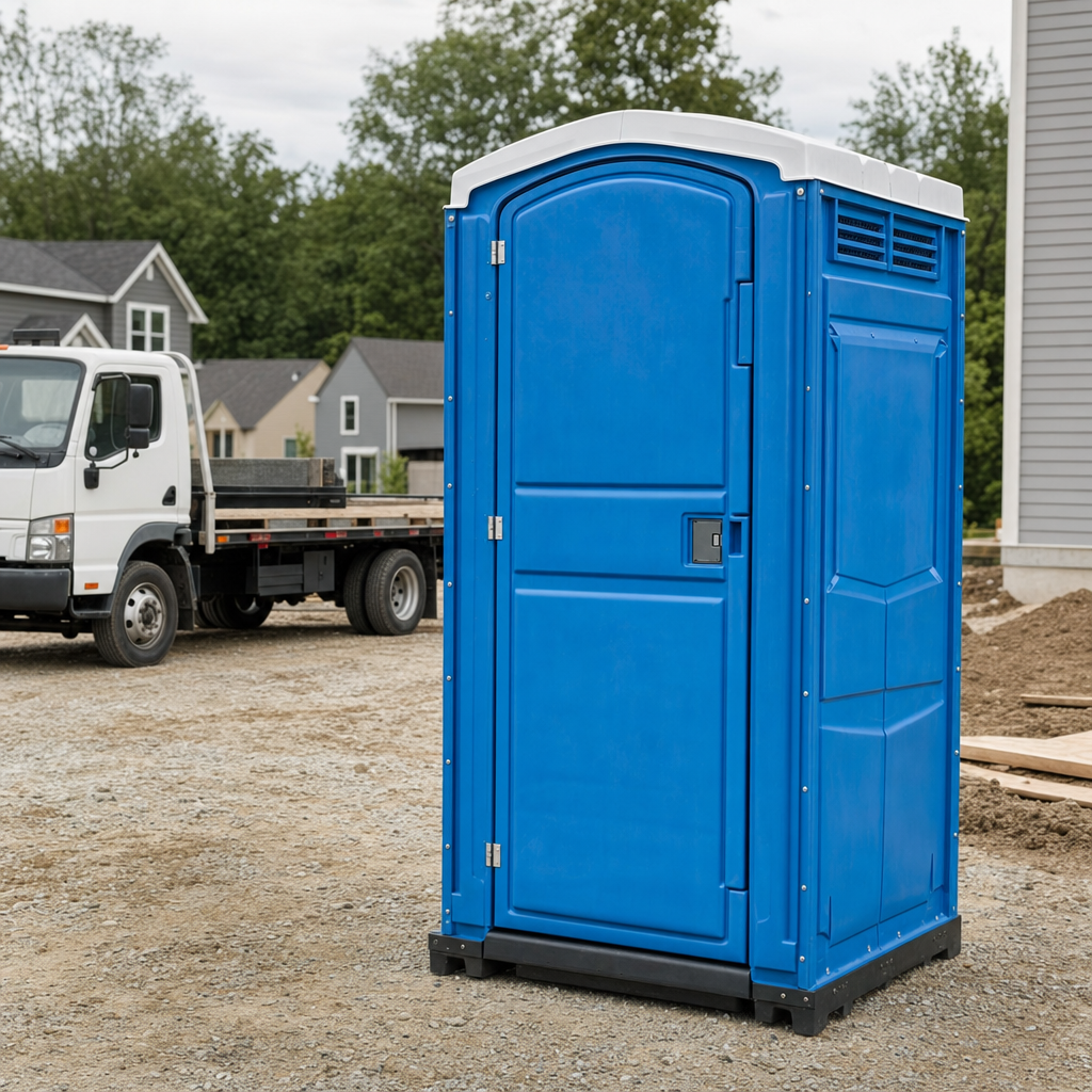 Delivery driver positioning a clean royal-blue portable toilet on level ground at a Sacramento worksite