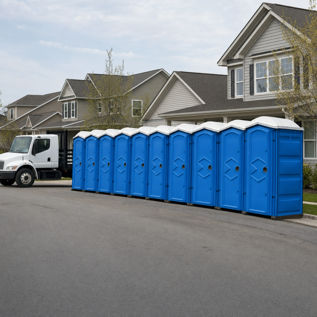 Royal blue portable toilets staged in a tidy row at a Sacramento jobsite, ready for delivery